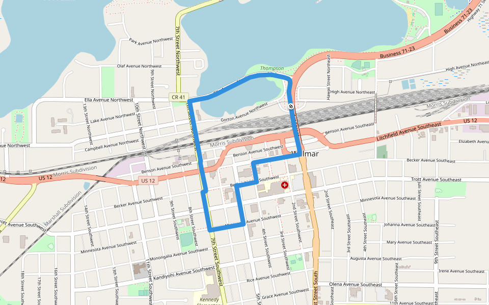 Willmar Walks Blue walking route map in Willmar