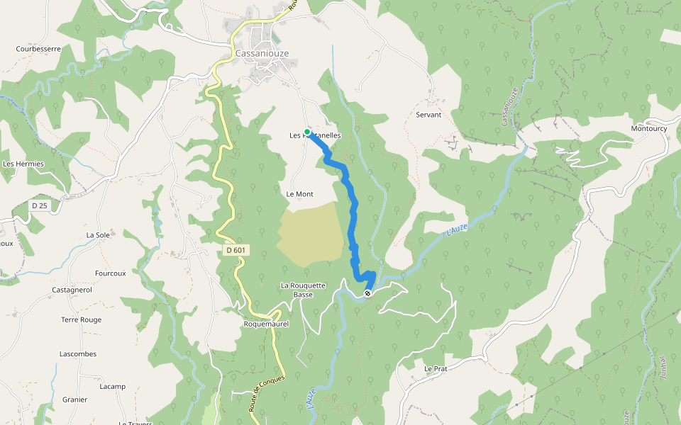 Les Fontanelles Auze walking route map in Cassaniouze