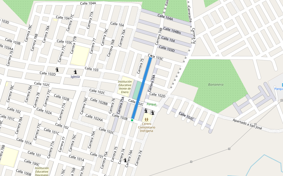 Carrera 74 walking route map in Apartadó