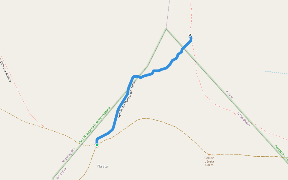 Senda del Puntal d'Artana walking route map in La Vall d'Uixó