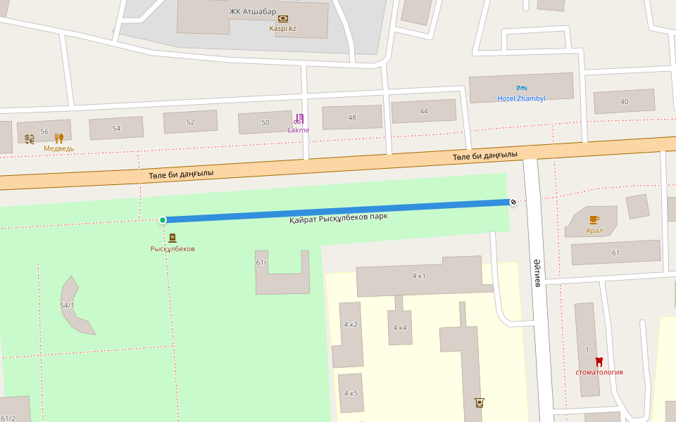 Қайрат Рысқұлбеков парк walking route map in Taraz