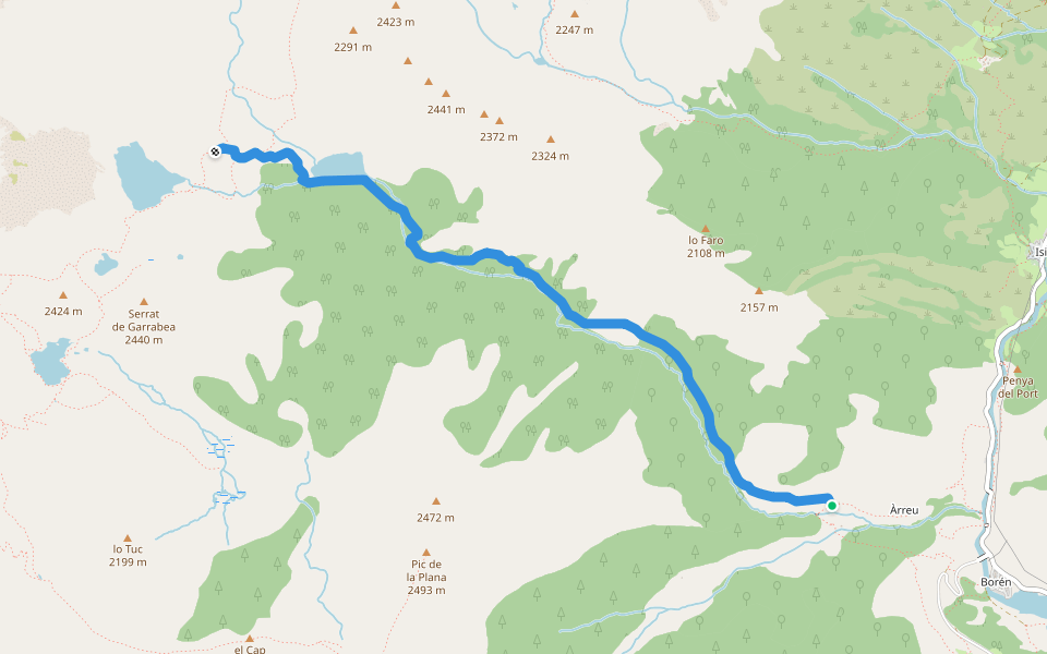 Camí dels Estanys del Rosari walking route map in Àrreu