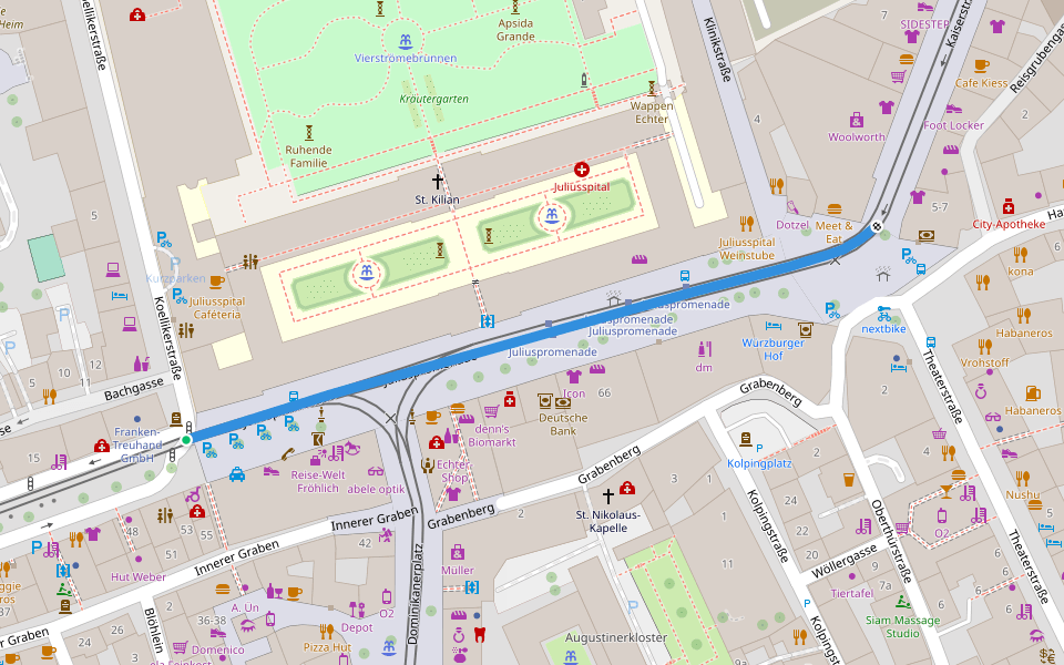 Juliuspromenade walking route map in Würzburg