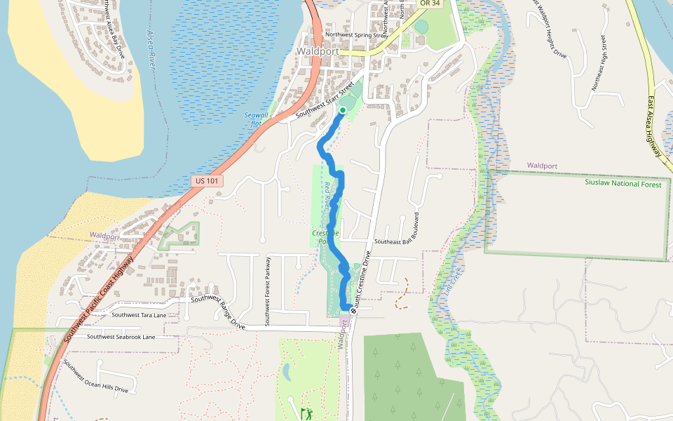Woodland Trail walking route map in Waldport