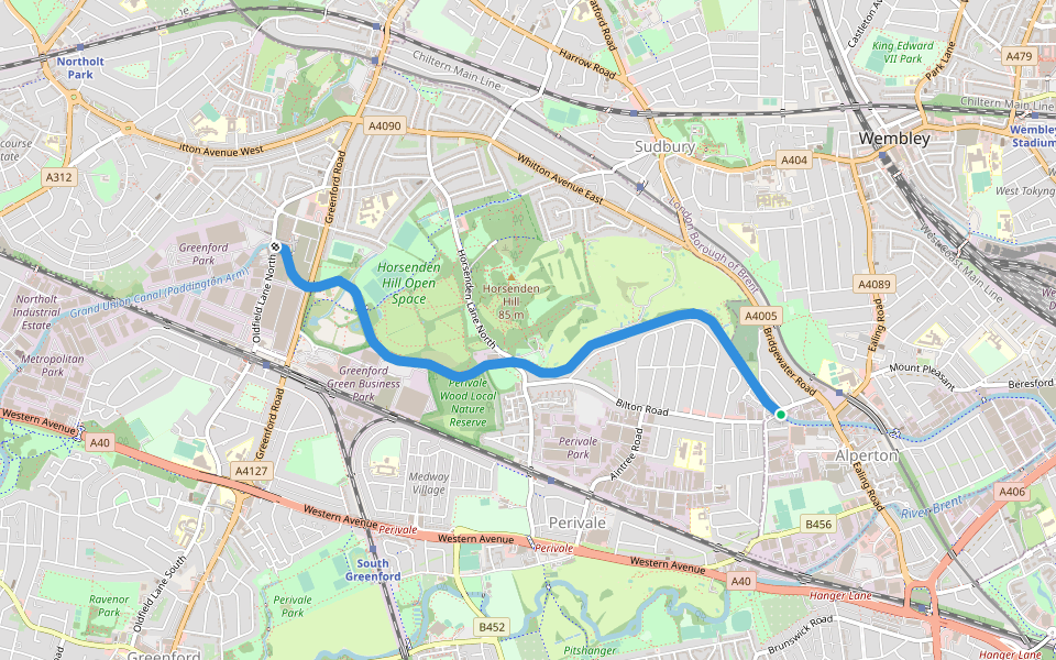 Grand Union Canal (Paddington Arm) towpath walking route map in Wembley