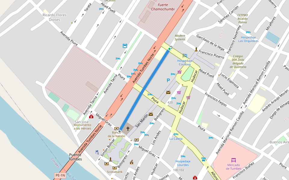 Simón Bolívar walking route map in Tumbes