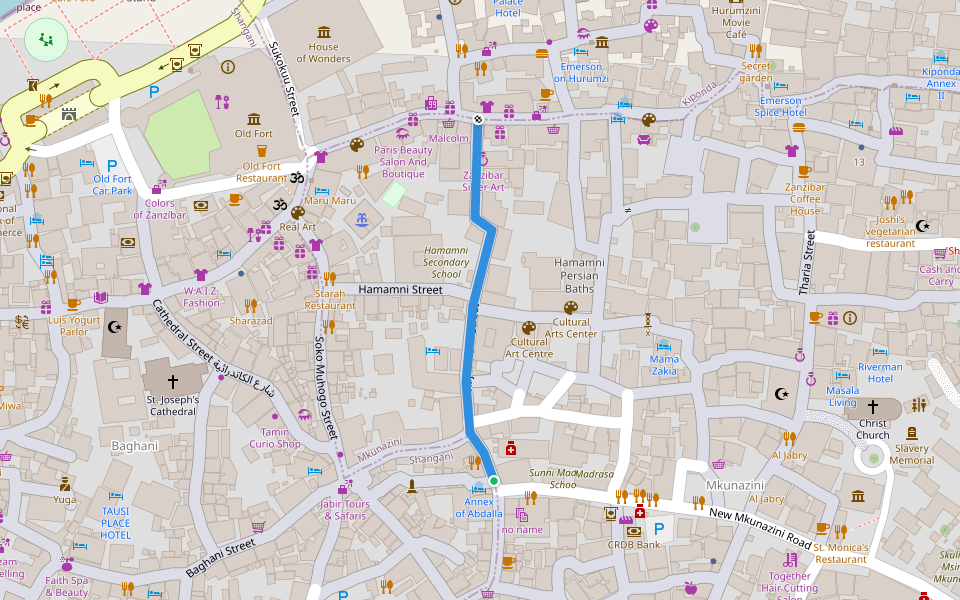 Kajifichenii Street walking route map in Zanzibar