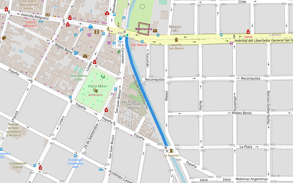 Senda de Canal Falucho walking route map in Alta Gracia
