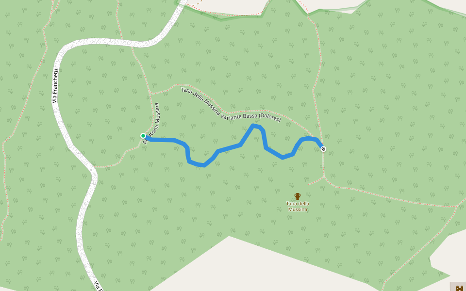 Tana della Mussina entrata alta (Ufo Robot) walking route map in Borzano