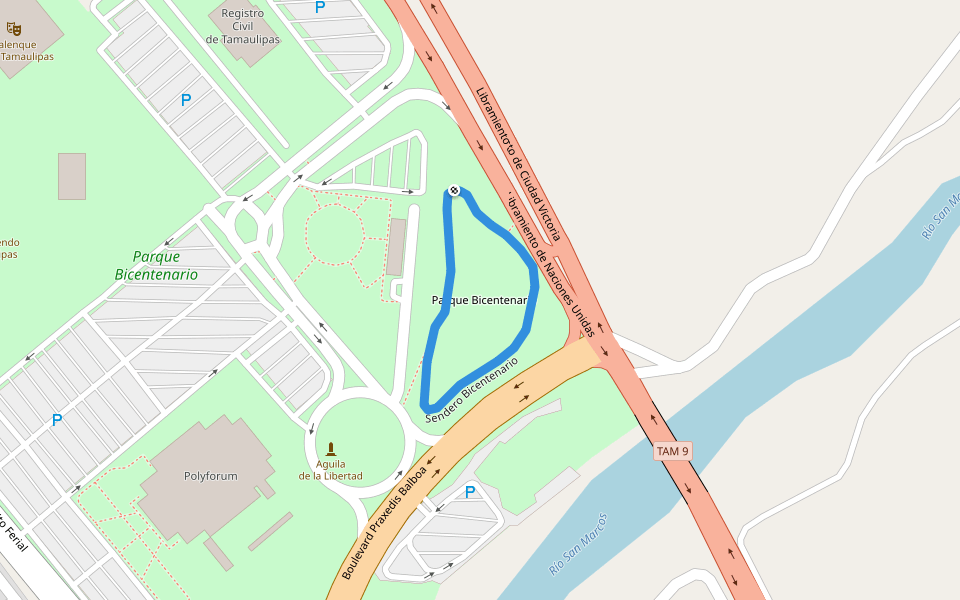 Sendero Bicentenario walking route map in Ciudad Victoria