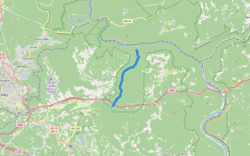Glade Creek Trail walking route map in Meadow Bridge