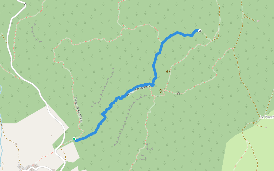 Chemin des Malènes walking route map in Mostuéjouls