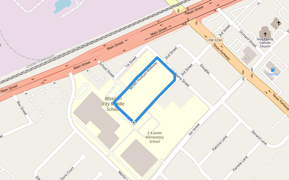 MCMS Stadium Walkway walking route map in Missouri City