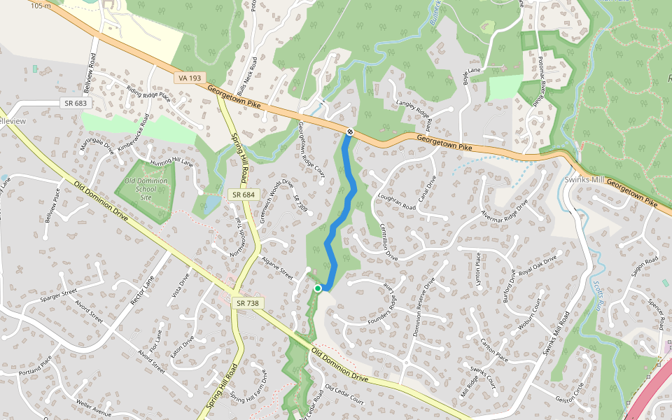 Stream Trail to Georgetown Pike walking route map in McLean