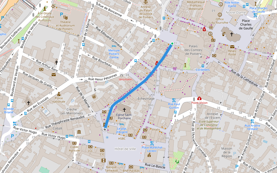 Rue Gambetta walking route map in Poitiers
