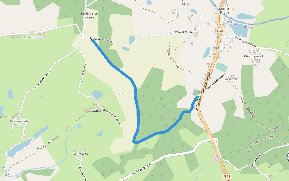 Chemin des Feuillardiers walking route map in Firbeix