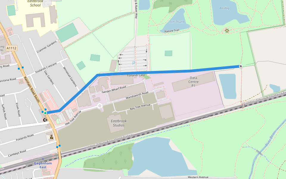 Foxlands Lane walking route map in Dagenham