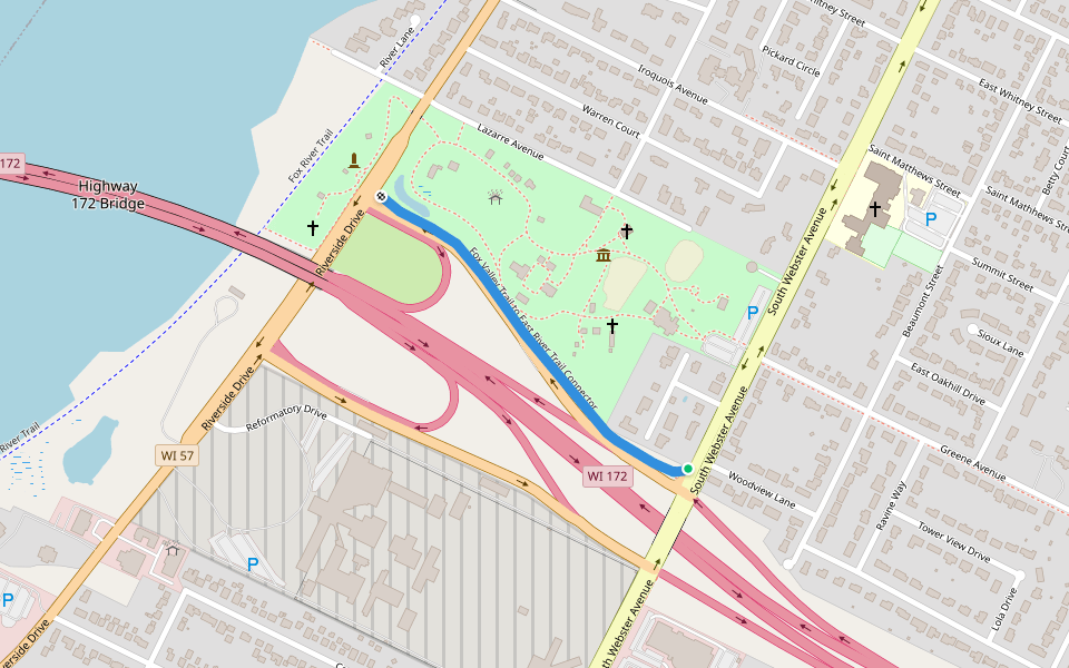 Fox Valley Trail to East River Trail Connector walking route map in Green Bay