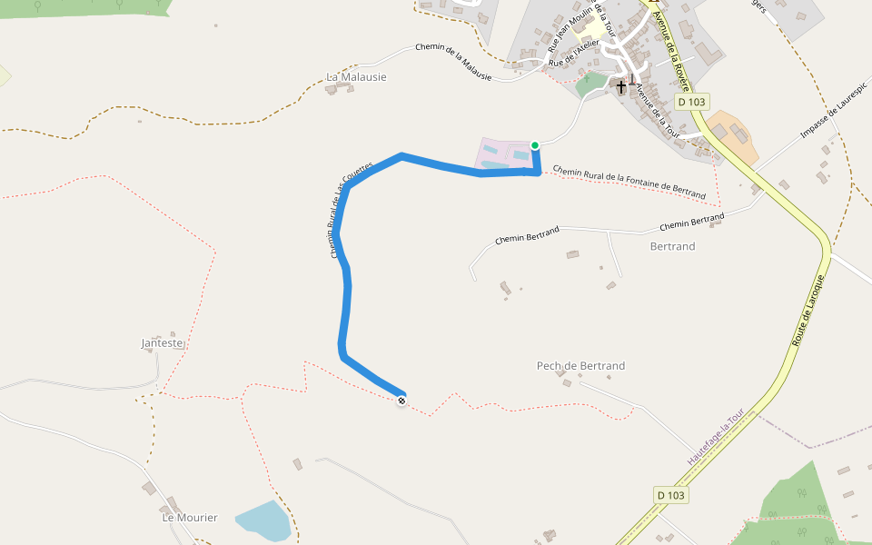 Chemin Rural de Las Couettes walking route map in Hautefage-la-Tour