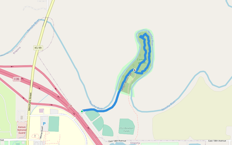 Campus Woods Path walking route map in Emporia