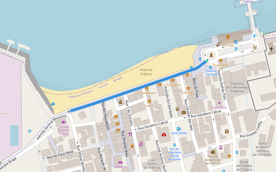 Avenida General Moutinho walking route map in Trafaria