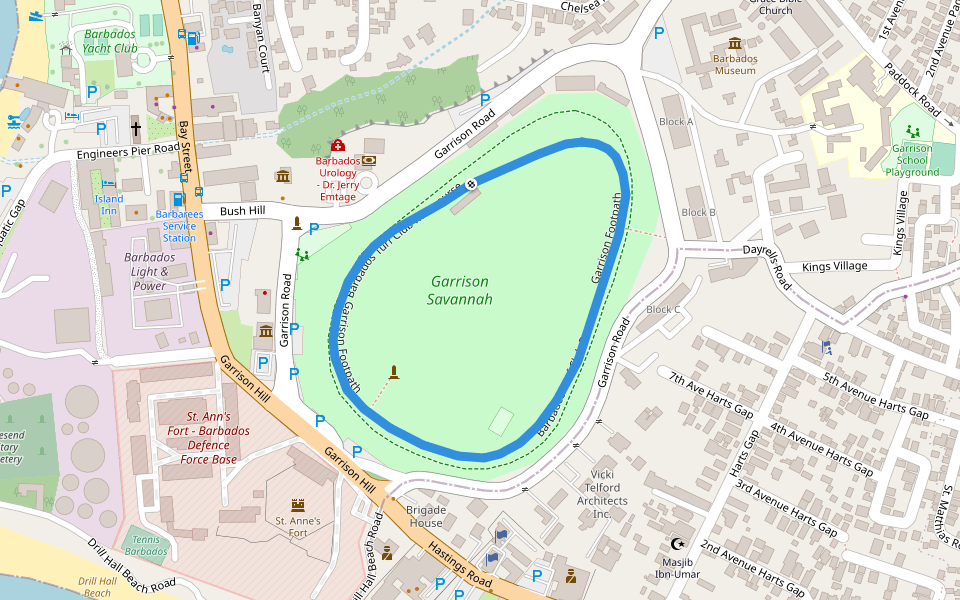 Garrison Footpath walking route map in Bridgetown