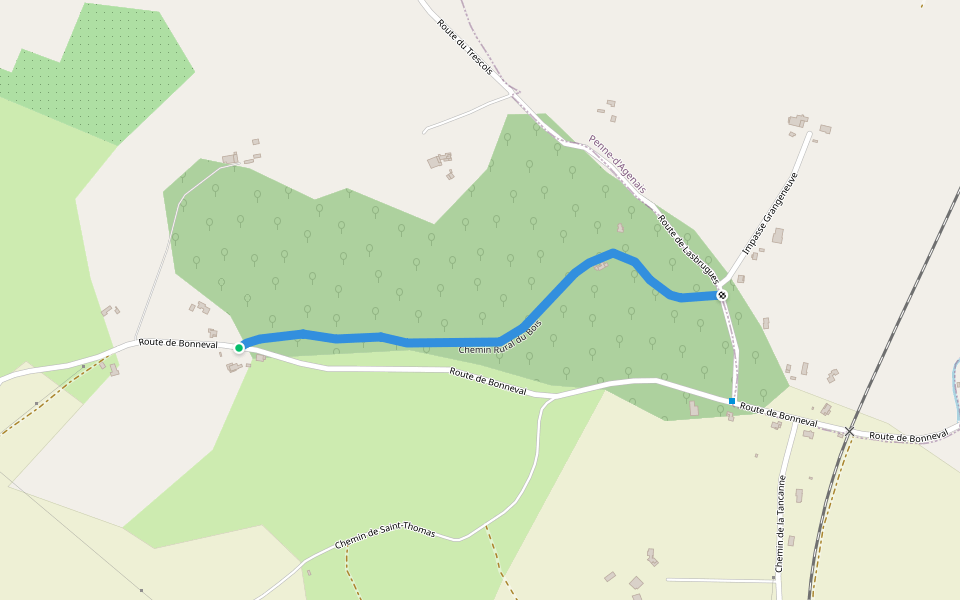 Chemin Rural du Bois walking route map in Hautefage-la-Tour
