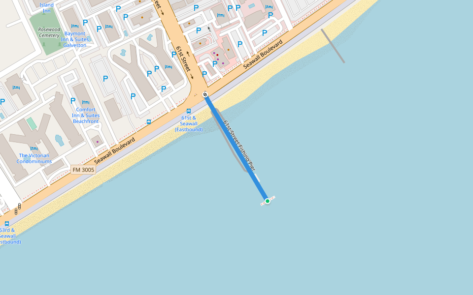 61st Street Fishing Pier walking route map in Galveston