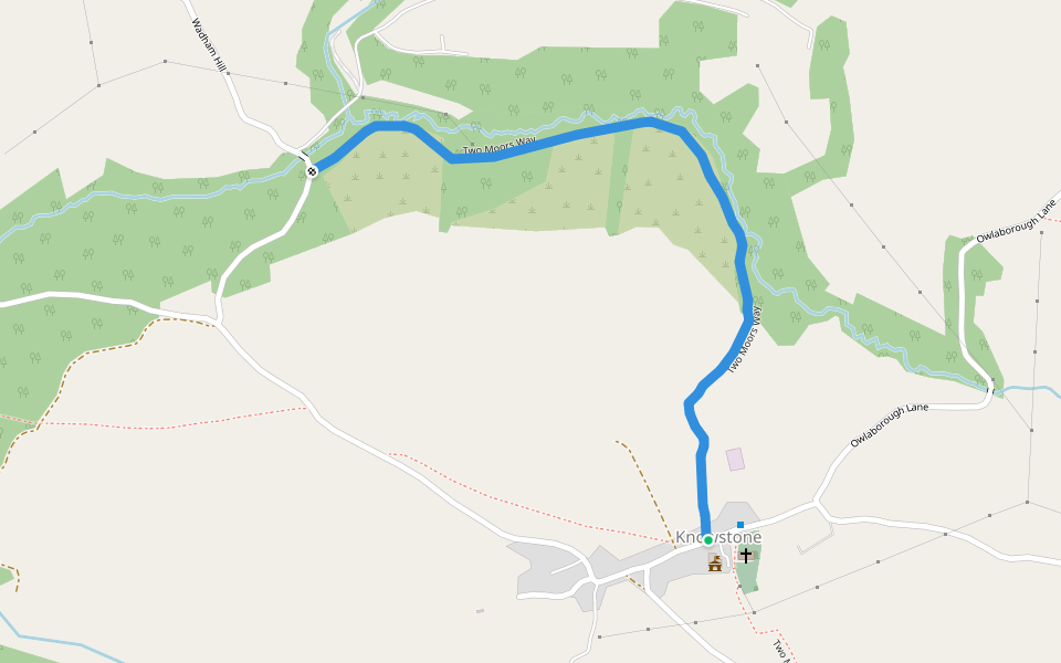 Two Moors Way walking route map in Knowstone