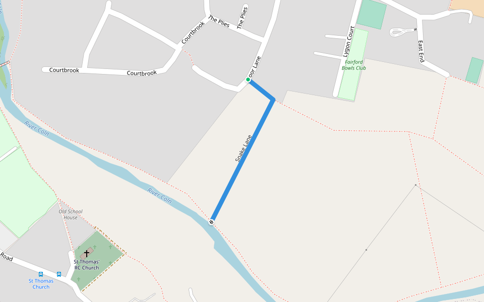 Snake Lane walking route map in Fairford