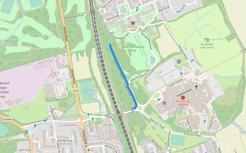 Asylum Arch Road to Three Arch Road walking route map in Redhill