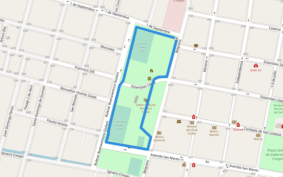 Circuito deportivo Malvinas Argentinas walking route map in Gobernador Crespo