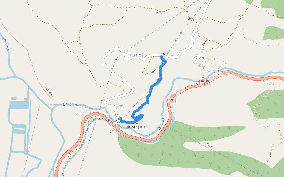 camino Puente del Diablo a Olvena walking route map in Estada