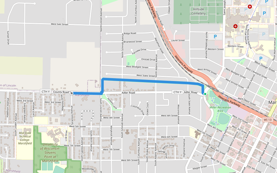 Wildwood Station Trail walking route map in Marshfield