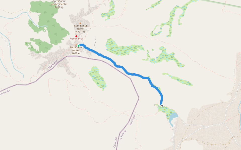 Ruta al Rumiñahui Central walking route map in Cerro Rumiñahui