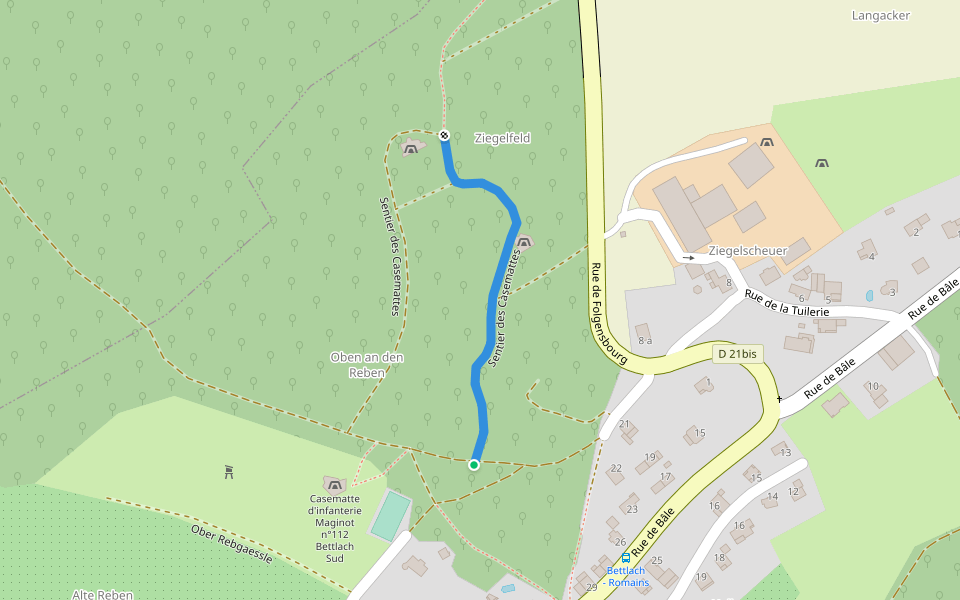 Sentier des Casemattes walking route map in Bettlach