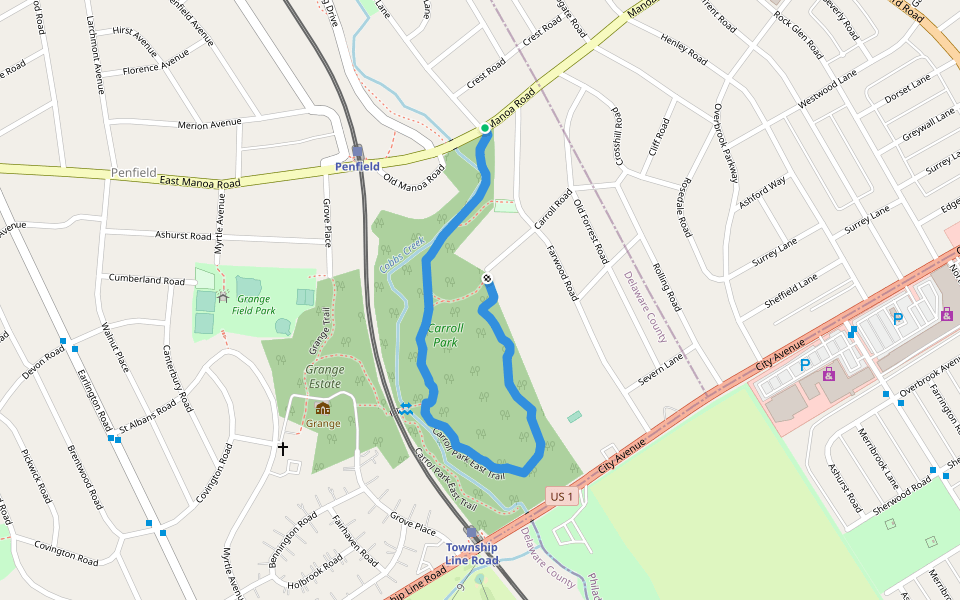 Carroll Park East Trail walking route map in Wynnewood
