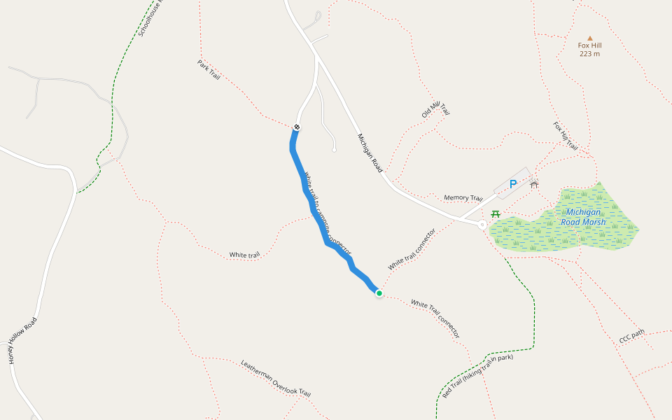 white trail to campsite connector walking route map in Pound Ridge