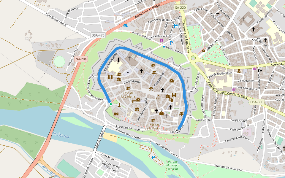 Ronda de la Muralla walking route map in Ciudad Rodrigo