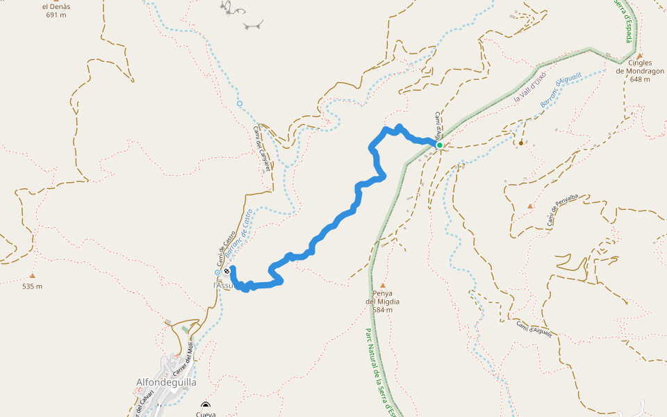 Camí d'Aigualit walking route map in La Vall d'Uixó