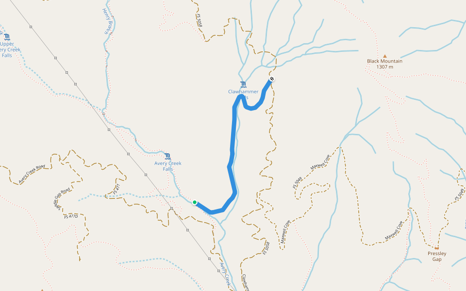 Clawhammer Cove walking route map in Pisgah Forest