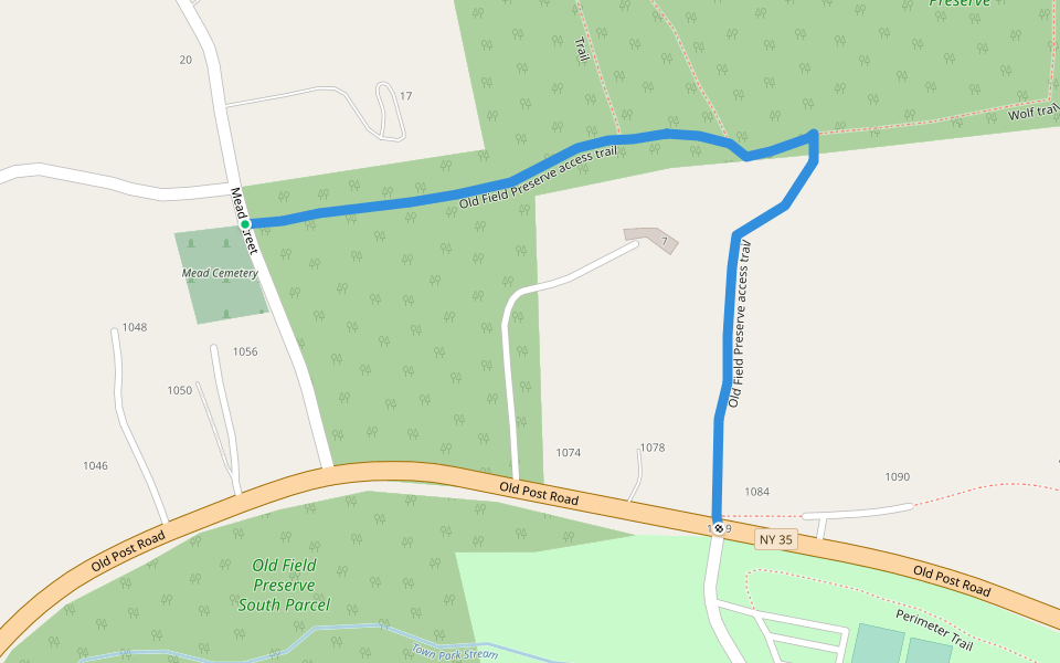 Old Field Preserve access trail walking route map in Waccabuc