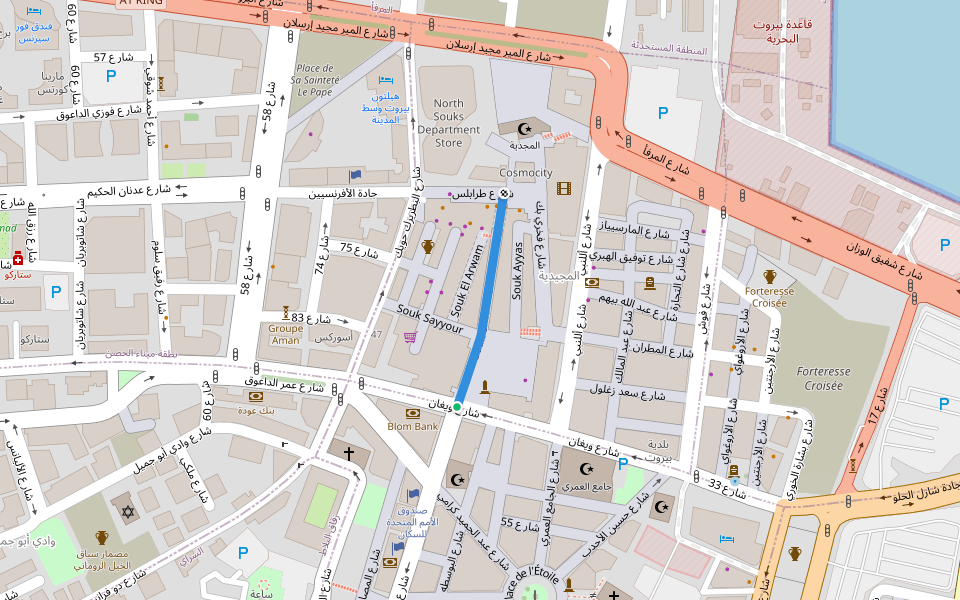 Souk El Tawileh walking route map in Beirut