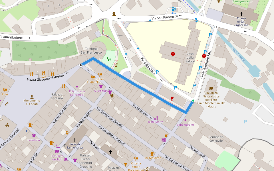 Via Torrione San Francesco walking route map in Sarzana