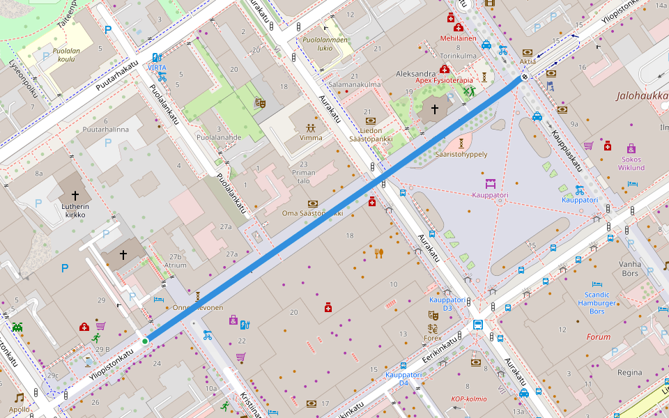 Yliopistonkatu walking route map in Turku