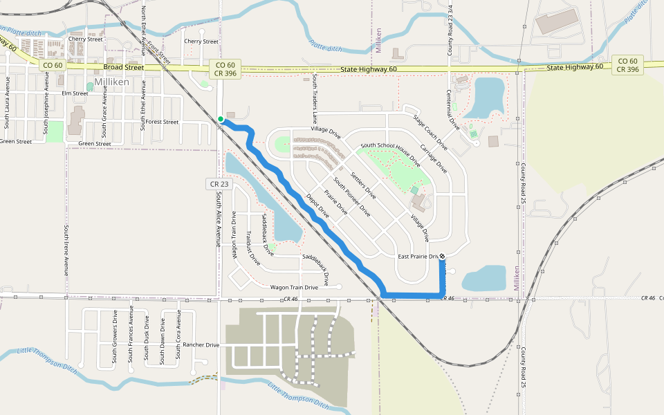 Settlers Trail walking route map in Milliken