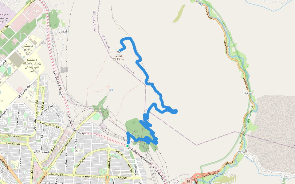 راه خاکی قله عظیمیه walking route map in Andisheh New Town