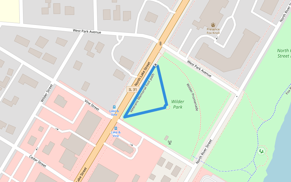 Veterans Memorial foot path walking route map in Aurora