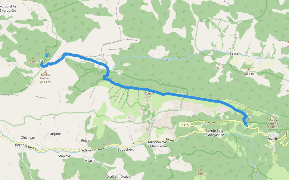 Oshlak Trail walking route map in Prizren