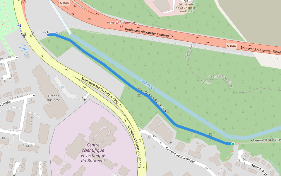 Chemin du Gesvres walking route map in Nantes